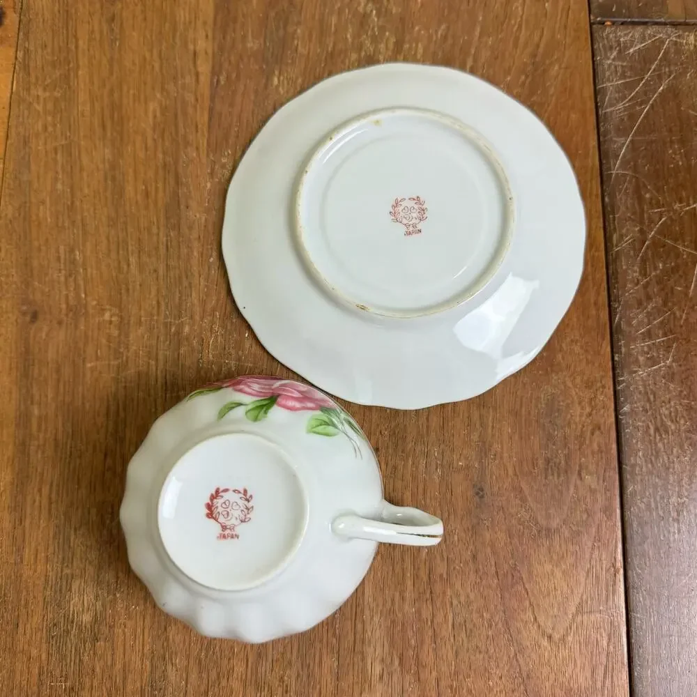 Yoko Boeki Co Japan pink Floral Rose Pattern Transferware tea cup‎ and saucer